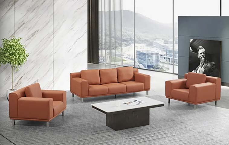 3-Piece Contemporary Cognac Faux Leather Office Reception Sofa Set with Rectangular Coffee Table