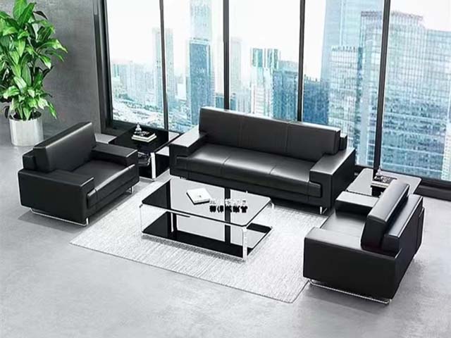 Black Faux Leather 3+1+1 Office Reception Sofa Set with Glass Coffee and Side Tables