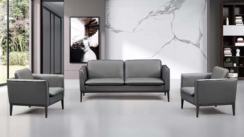 3-Piece Mid-Century Gray Leather Office Reception Sofa Set (1 Three-Seater + 2 Armchairs)