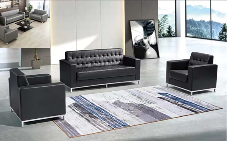 Black Faux Leather Tufted Office Reception Sofa Set (3-Seater + 2 Single Armchairs)