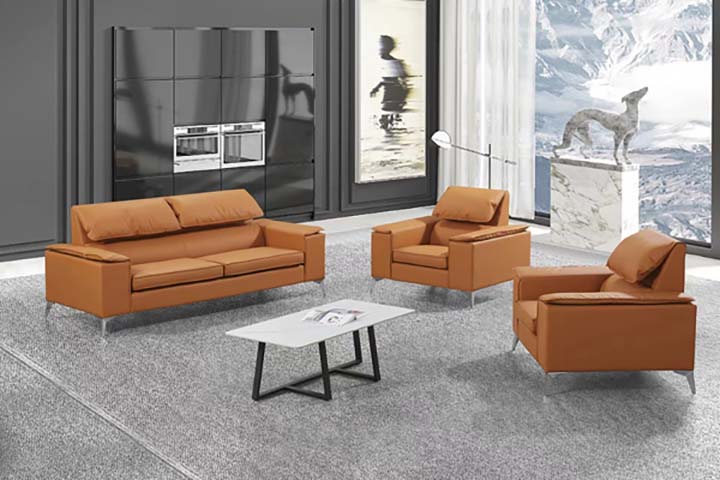 3-Piece Cognac Leather Office Lounge Seating Set with Coffee Table
