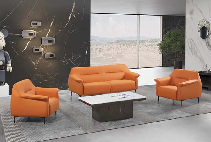 3-Piece Modern Orange Leather Office Reception Sofa Set with Coffee Table