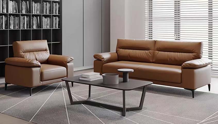 Modern Cognac Leather Office Reception Sofa Set with Coffee Table