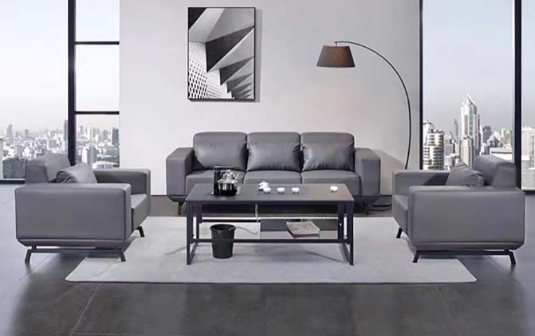 Modern Gray Faux Leather Office Reception Sofa Set 1+1+3 with Metal Frame Coffee Table
