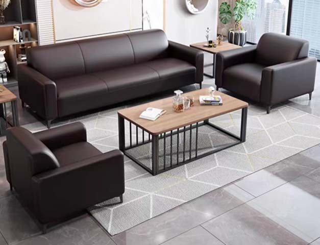 Dark Brown Faux Leather Commercial Reception Sofa Set with Steel Frame Coffee Table (3+1+1 Seating)