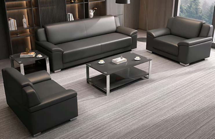 3-Piece Black Faux Leather Office Reception Sofa Set with Glass Coffee Table