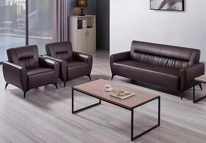 3-Piece Dark Brown Faux Leather Office Reception Sofa Set with Rectangular Coffee Table
