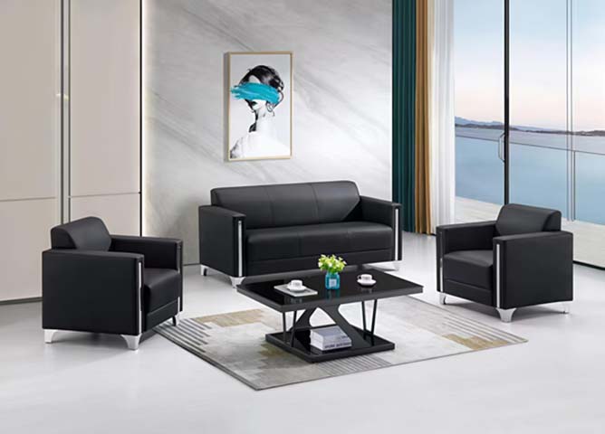 Modern Black Faux Leather Office Reception Seating Set (3+1+1) with Matching Coffee Table