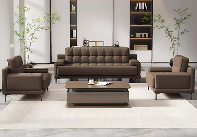 Modern Brown Tufted Faux Leather Office Reception Sofa Set with Coffee Table