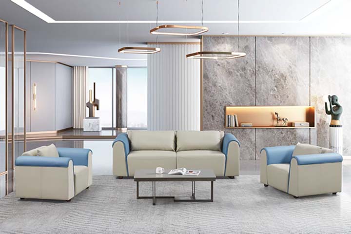 Two-Tone Beige and Blue 5-Seat Reception Sofa Set with Coffee Table