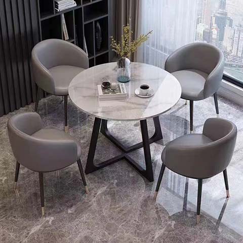 4-Seater Round Marble Effect Dining Table Set with Upholstered Tub Chairs