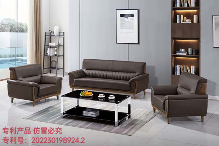 1+1+3-Seat Brown Faux Leather Office Reception Sofa Set with Glass Coffee Table