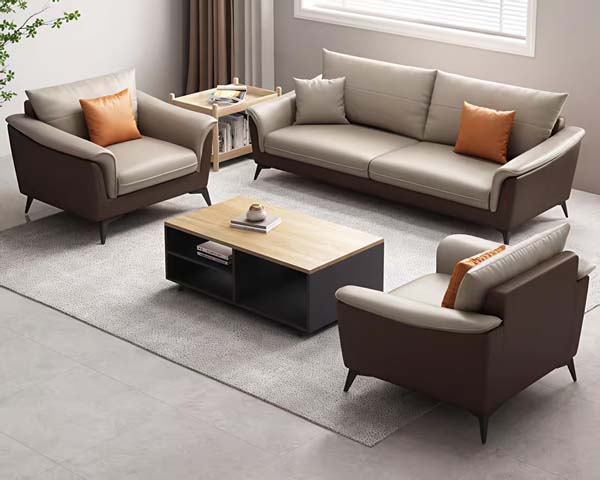 Two-tone upholstered 1+1+3 office reception sofa set with matching coffee table and side table