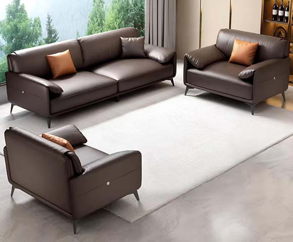 Modern Dark Brown Leather Upholstered Office Lounge Sofa Set (1+1+3 Seater)