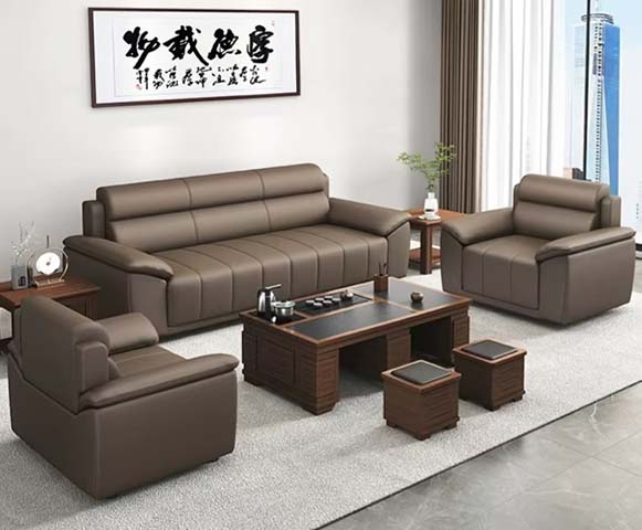Brown Faux Leather Office Reception Sofa Set with Integrated Tea Table