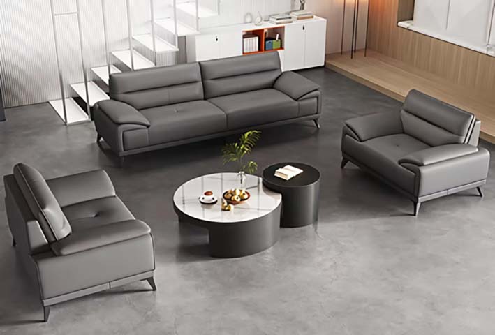 Dark Grey Faux Leather Executive Office Sofa Set 3+1+1 with Nested Coffee Tables