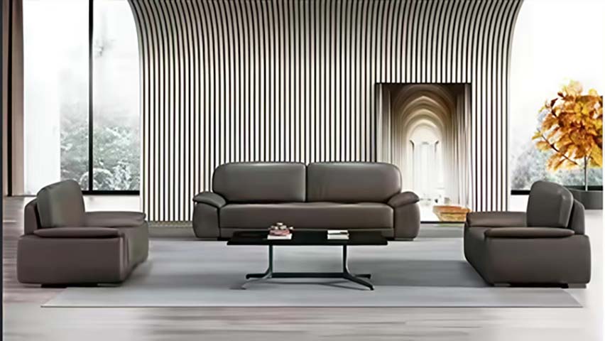 3-Piece Dark Brown Leather Living Room Sofa Set with Black Glass Coffee Table