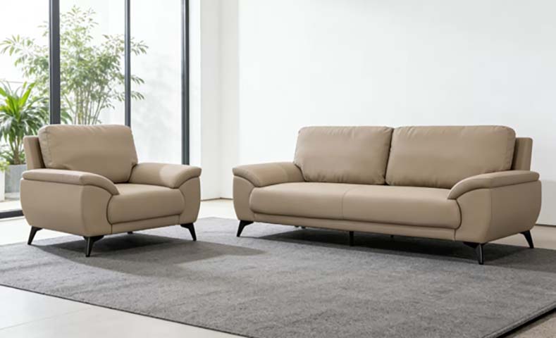 Modern Upholstered Leather Sofa Set, Loveseat + 3-Seater with Metal Legs