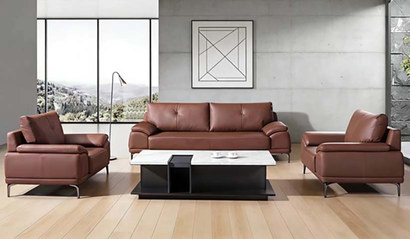 3-Piece Brown Leather Match Upholstered Office Sofa Set (1+2+3 Seating Configuration)
