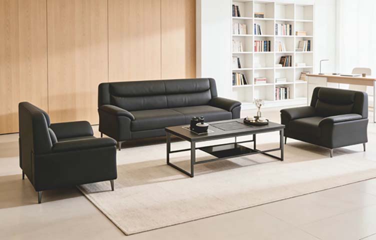 3-Piece Black Leather Office Reception Sofa Set with Metal Frame Coffee Table