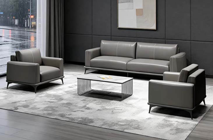 3-Piece Contemporary Gray Leather Office Reception Sofa Set with Slatted Metal Coffee Table