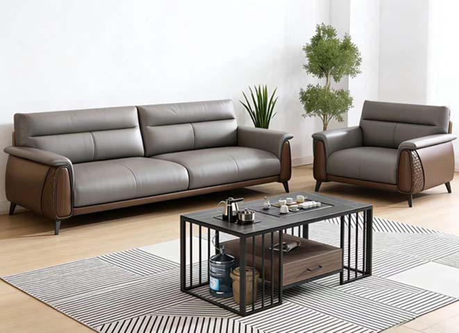 Modern Two-Tone Leather Office Sofa Set with Kung Fu Tea Coffee Table (3-Seater + 1-Seater)
