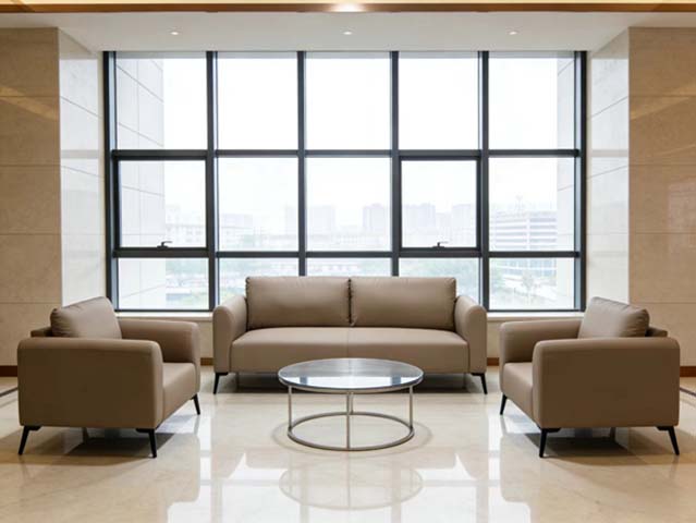 3+1+1 Taupe Faux Leather Office Reception Sofa Set with Round Glass Coffee Table