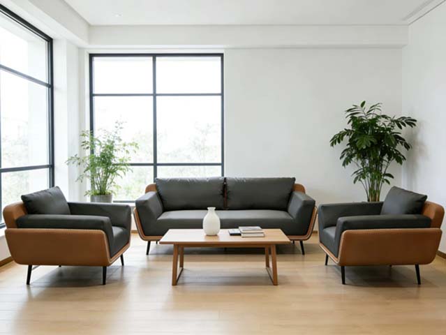 Mid-Century Modern Upholstered Living Room Sofa Set with Matching Lounge Chairs and Coffee Table