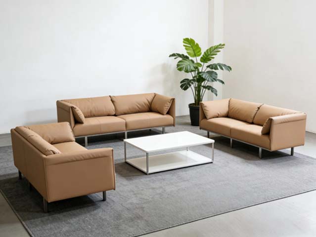 Camel Faux Leather Box Frame Office Lounge Seating Set with Coffee Table