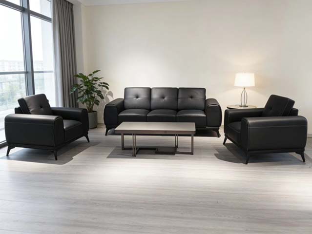 3-Piece Black Leather Office Reception Sofa Set with Matching Coffee Table