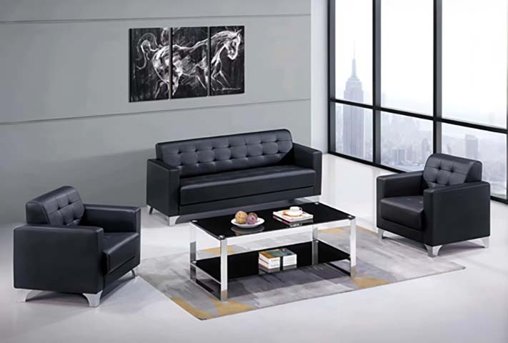 3-Piece Black Faux Leather Office Reception Sofa Set with Matching Glass Coffee Table