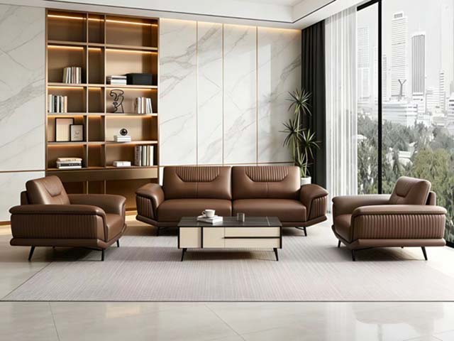 Modern Brown Upholstered Office Reception Seating Set with Coffee Table and Display Cabinet