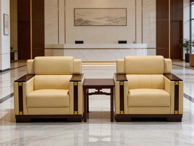 2+1 Beige Leather Reception Seating Set with Matching Side Table