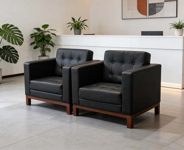 Black Tufted Faux Leather Single-Seat Reception Armchair with Walnut-Finish Wood Base