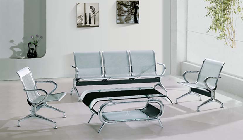 5-Piece Mesh Metal Reception Seating Set with Glass Coffee Table