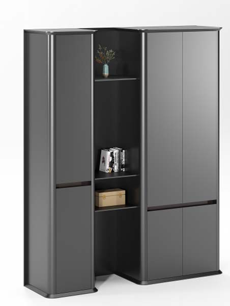 Modern Dark Grey Corner Storage Cabinet With Rounded Metal Edging And Adjustable Shelves