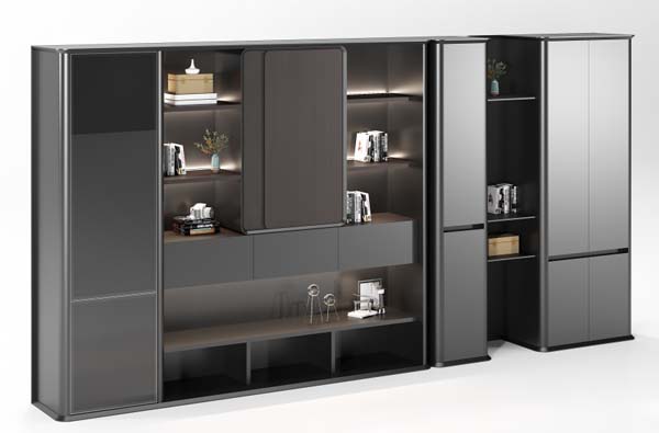 L-Shaped Executive Office Storage Bookcase with Integrated Display and Closed Storage