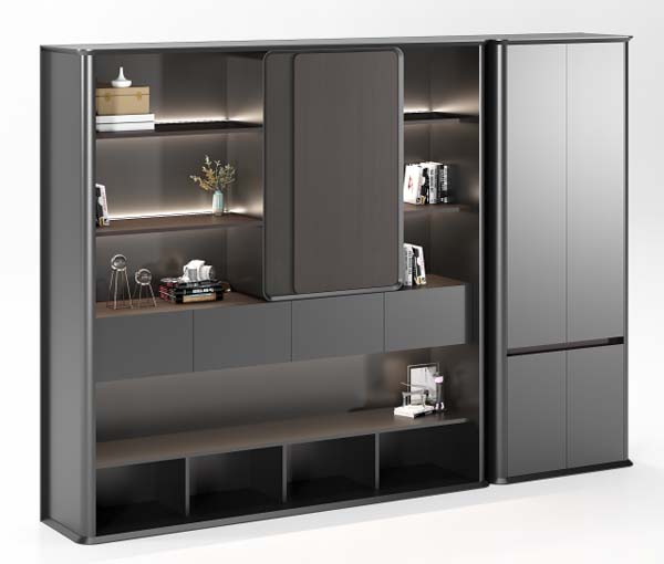 Modern Executive Office Storage Combination Cabinet with Sliding Door and LED Display Shelves