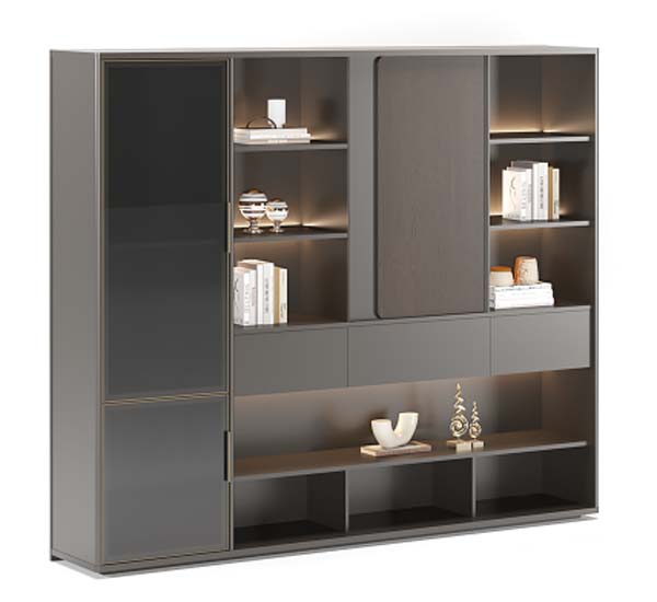 Contemporary Executive Office Back Storage Cabinet with Integrated Display Shelving, Glass Door, and Integrated LED Lighting