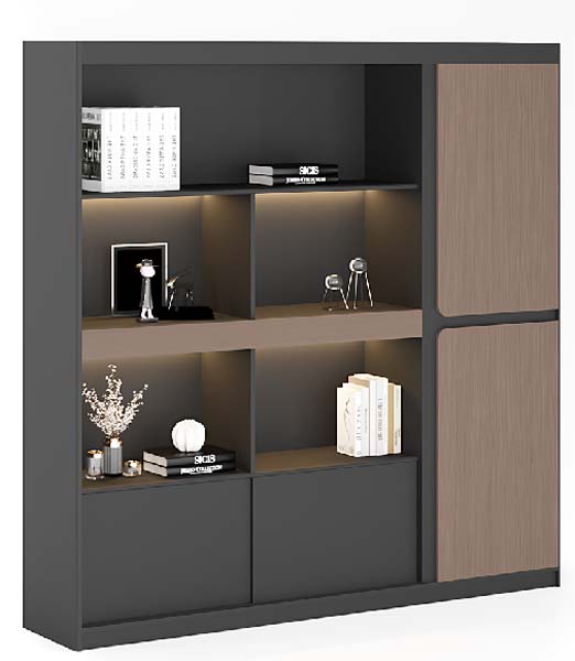 Modern Illuminated Office Storage Cabinet with Open Shelves and Sliding Doors