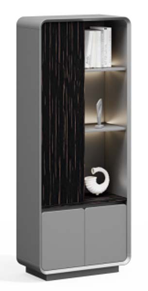 Modern Tall Display Storage Cabinet with Vertical Slat Door, Open Shelves and LED Lighting