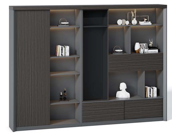 Modern Dark Gray Office Display Storage Cabinet with Integrated LED Lighting and Sliding Door