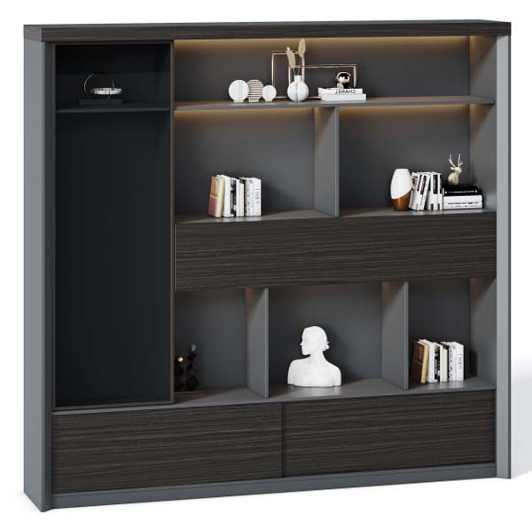 Modern Office Display Bookcase with LED Lighting, Sliding Glass Door and Storage Drawers