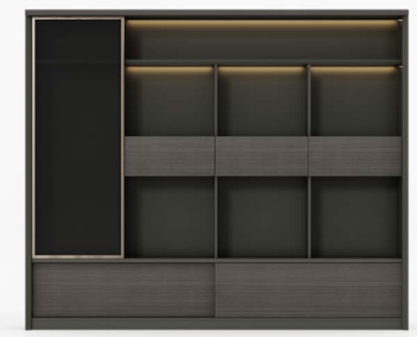 Dark Wood Grain Floor-Standing Sliding Door Display Storage Cabinet with Integrated LED Lighting