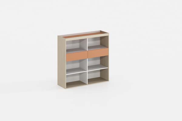 Low Office Open Storage Cabinet with 2 Push-Open Drawers and 6 Open Compartments