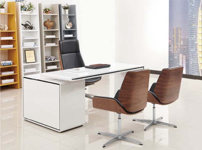 Modern L-shaped Glossy White Executive Office Desk with White High-back Leather Chair and Two Walnut Veneer Visitor Chairs