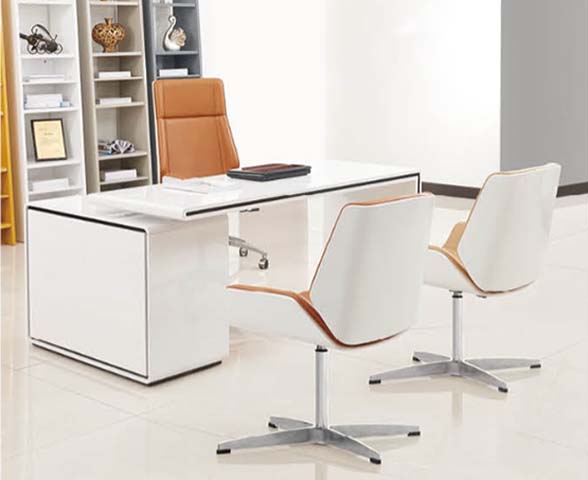 White High-Gloss L-Shaped Executive Office Desk Set with Leather Executive Chair and Visitor Chairs