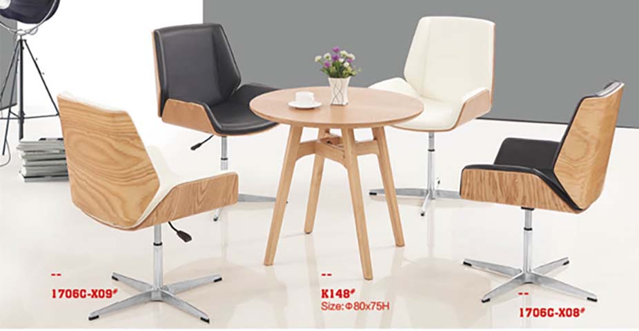 1 Round Wood Coffee Table + 4 Height-Adjustable Bentwood Upholstered Swivel Reception Chairs Set