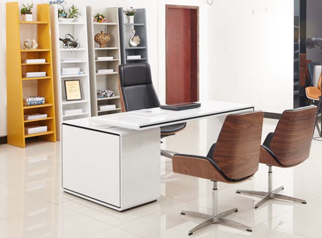 Modern Gloss White Executive Office Desk Set with Black Leather Executive Chair and Walnut Visitor Chairs