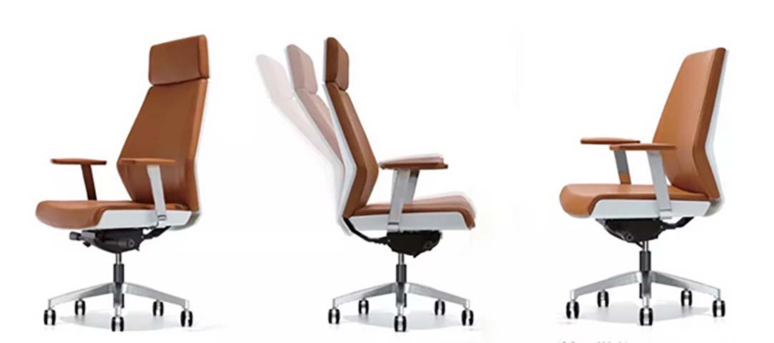 High-back Cognac Leather Executive Office Chair with Aluminum Base and Recline Function